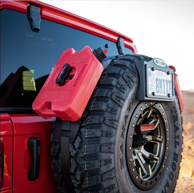 Rotopax Gas Can Mounted to Spare Tire On Jeep